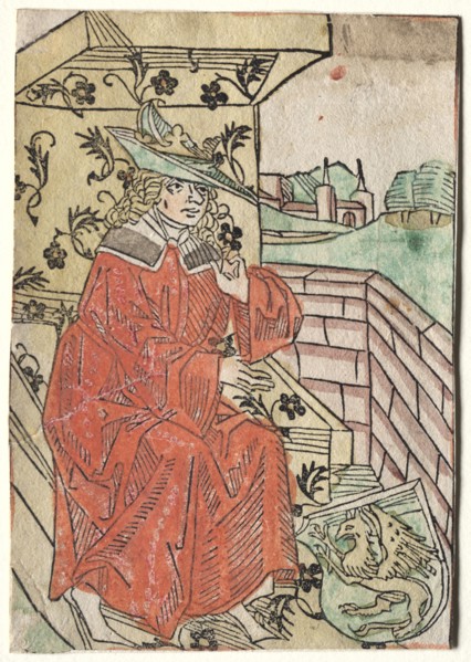 Hartlib's Alexander:  Alexander Seated on Throne, 1400s. Germany, 15th century. Woodcut