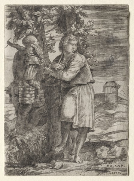 Shepherd and Old Warrior, 1517. Domenico Campagnola (Italian, 1500-1564). Engraving