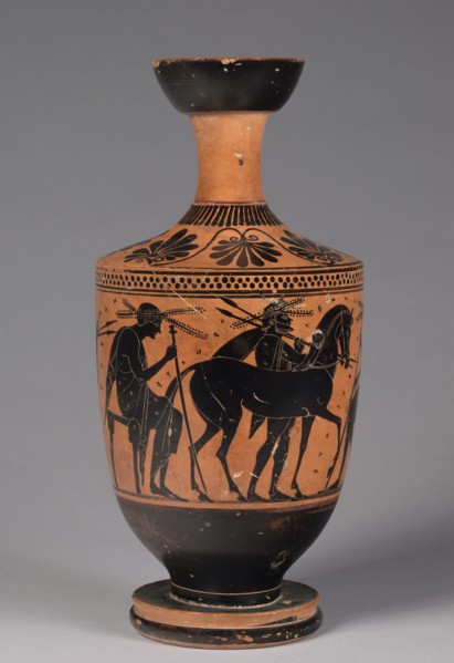 Black Figured Lekythos, 525-500 BC. Greece, late 6th Century BC. Black-figure terracotta; overall: