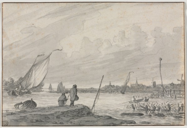 View of Alkmaar with Boats, 1600s. Netherlands, 17th century. Point of brush and gray ink and brush