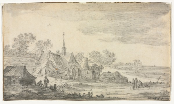 Group of Buildings on a Seashore, 1653. Jan van Goyen (Dutch, 1596-1656). Black chalk and brush and