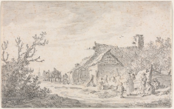 Landscape with a Cottage and Figures, 1653. Jan van Goyen (Dutch, 1596-1656). Black chalk and brush