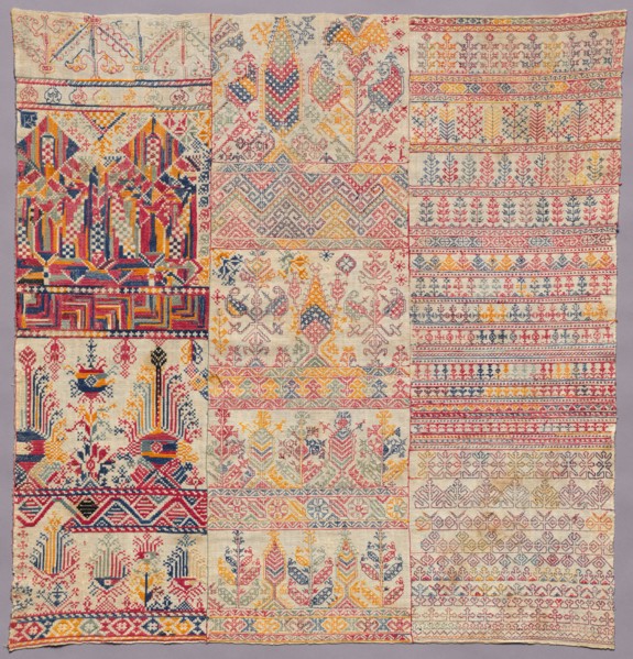 Embroidery sampler, 1800s. Morocco, Salé. Plain weave: cotton; embroidery, reversible cross-stitch: