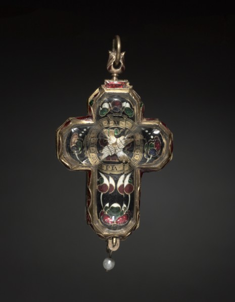 Cross-Shaped Clock, c. 1580-1600. P. Herbier (French). Enameled gold, rock crystal, and a pearl;