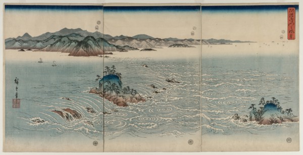 The Whirlpools of Awa, 1857. Utagawa Hiroshige (Japanese, 1797-1858). Triptych of color woodblock