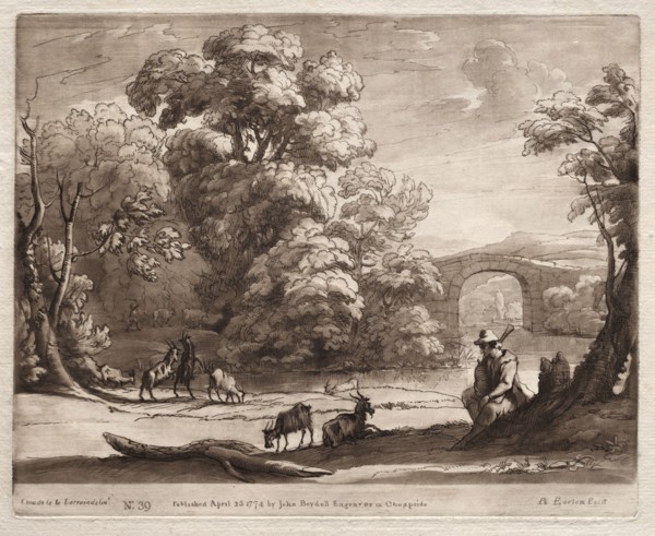 Liber Veritatis:  No. 39, A Landscape with Herdsman Playing a Bagpipe and Goats Browsing, 1774.