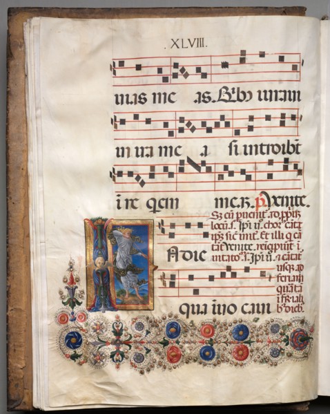 Antiphonary: Initial, angel, c. 1470-1480. Follower of Girolamo da Cremona (Italian). Ink, tempera,