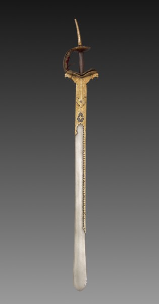 Sword, 1700s-1800s. India, 18th-19th Century. Watered steel blade with iron hilt inlaid with gold;