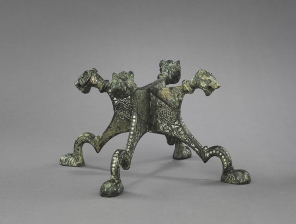 Lion-headed Stand, 1150-1220. Northern Iraq or Syria, Zengid or Ayyubid period. Cast brass inlaid