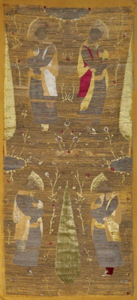Velvet panel with four youths smelling flowers, 1625-1650. Iran, Isfahan or Yazd, Safavid period.