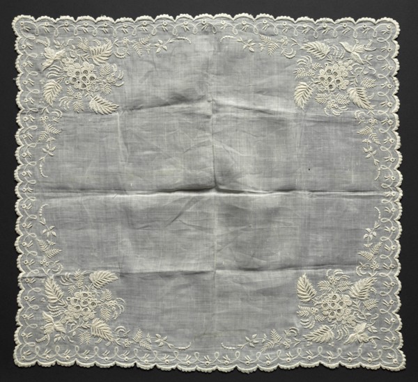 Handkerchief, 1857. Madeira, 19th century. Plain weave cotton? with cotton? embroidery; average: 45