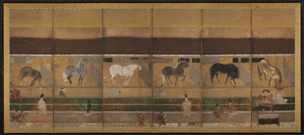Horses and Grooms in the Stable, early 1500s. Tosa School (Japanese). Six-panel folding screen;