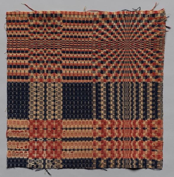 Coverlet Fragment, c. 1800. America, early 19th Century. Hand weave: wool and cotton; average: 49.5