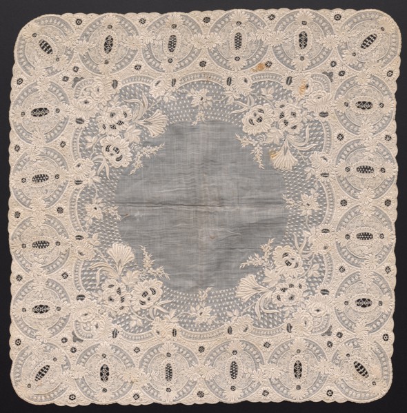 Handkerchief, 1800s. France, 19th century. Embroidery: linen; overall: 46.3 x 46.3 cm (18 1/4 x 18