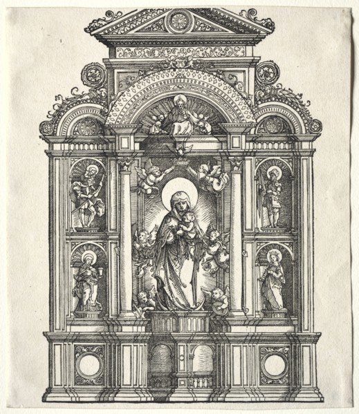 Great Altar with the Virgin, in a border with SS. Christopher, George, Barbara, Catherine, 1520.