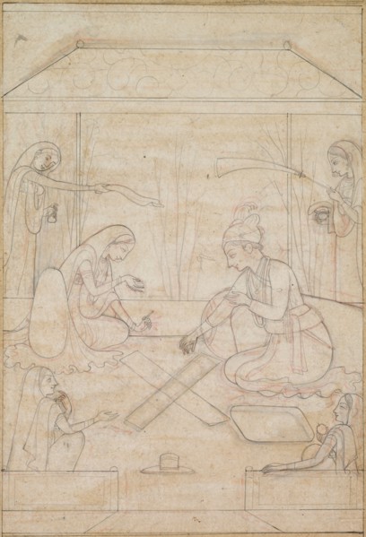 Couple Playing Chaupar on a Terrace, c. 1790-1800. India, Pahari, Kangra school, late 18th Century.