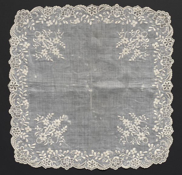 Handkerchief, 1800s. France ?, 19th century. Embroidery: linen; overall: 45.7 x 45.7 cm (18 x 18 in