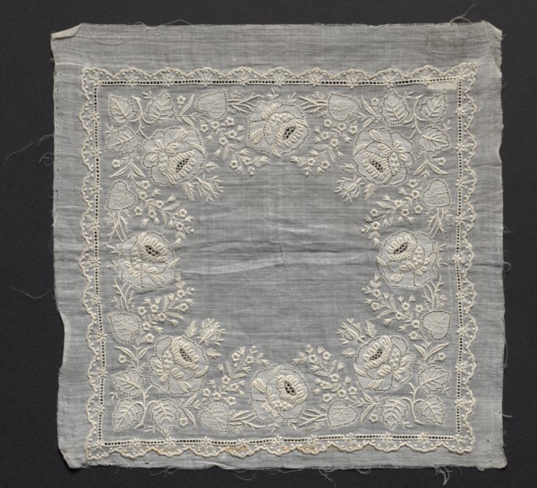 Handkerchief, 1800s. England ?, 19th century. Embroidery; linen; overall: 15.6 x 20.7 cm (6 1/8 x 8