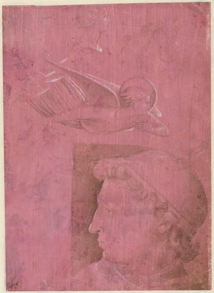 Head of a Man, Two Studies of a Woman's Profile, and a Study of An Angel (verso), c. 1458. Benozzo