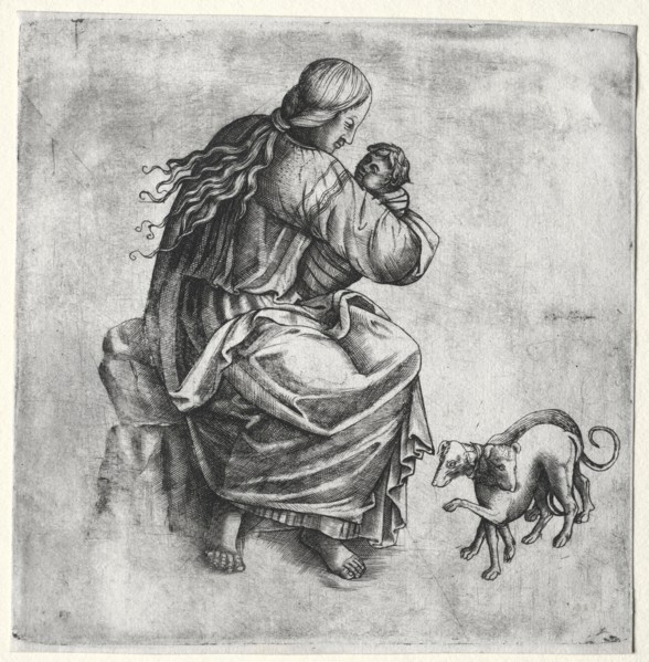 Mother and Child with Two Dogs, late 1400s. Italy, late 15th Century. Engraving