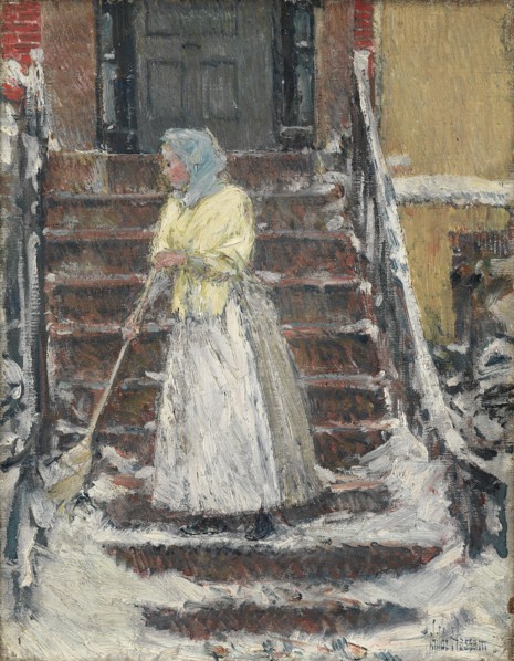 Sweeping Snow, 1890s. Childe Hassam (American, 1859-1935). Oil on canvas; unframed: 23 x 18 cm (9