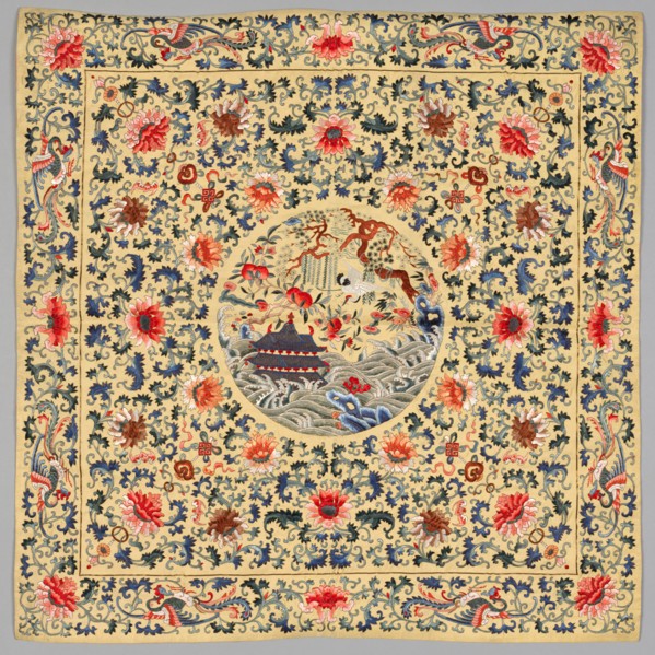 Table Cover, late 1800s. China, late 19th century. Embroidery, silk; overall: 89.5 x 91.4 cm (35