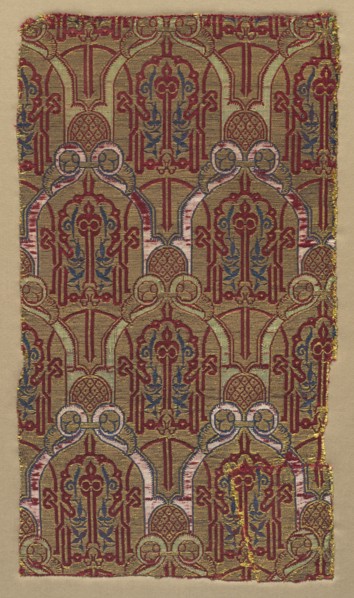 Lampas with palmette arches with Alhambra wall pattern, 1300s. Spain, Granada, Nasrid period. Silk,