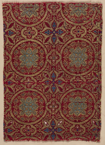 Lampas with foliate roundels, 1300s. Spain, Granada, Nasrid period. Lampas: silk and gold thread;