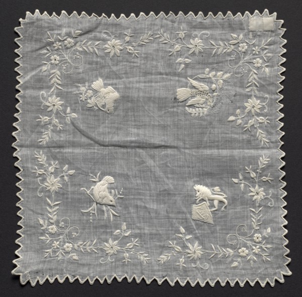 Handkerchief, 1800s. France, 19th century. Embroidery: linen; overall: 20.3 x 20.3 cm (8 x 8 in.).