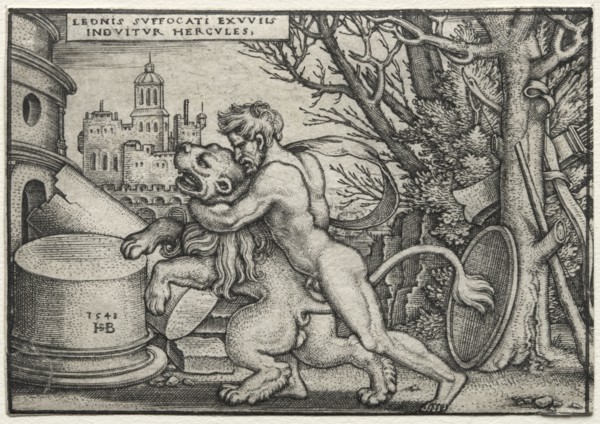 The Labors of Hercules:  Hercules Strangling the Nemean Lion, 1548. Hans Sebald Beham (German,