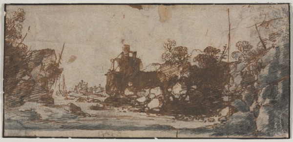 Rocky Inlet with Boats and Buildings (recto); Sketches of Castles (verso), 1600s. Netherlands, 17th