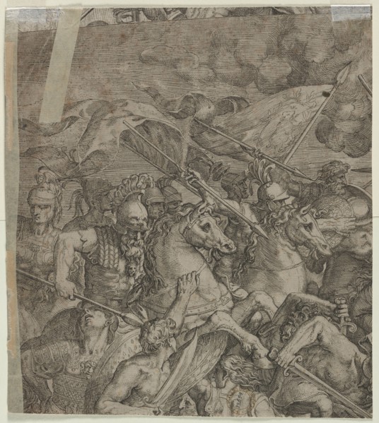 Battle of the Milvian Bridge (fragment) (verso), 1500s. Italy, 16th century. Etching; sheet: 27.4 x