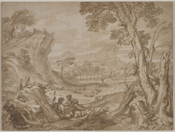 Landscape with Shepherds, c. 1700?. Domenico I Piola (Italian, 1627-1703). Pen and brown ink and