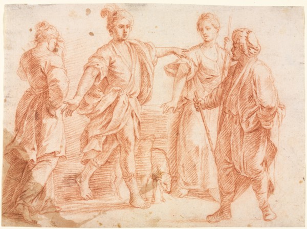 Jacob and Laban with Rachel and Leah, 1600s. Italy, Bologna, 17th century. Red chalk; sheet: 21.3 x