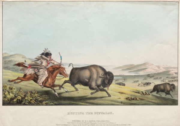 Hunting the Buffalo, 1837. E. C. Biddle (American), John T. Bowen (British, c. 1801-1856), after