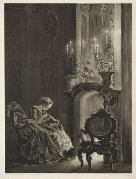 Essay on Stone with Brush and Scraper:  Woman Reading at the Fireside, 1851. Adolph von Menzel