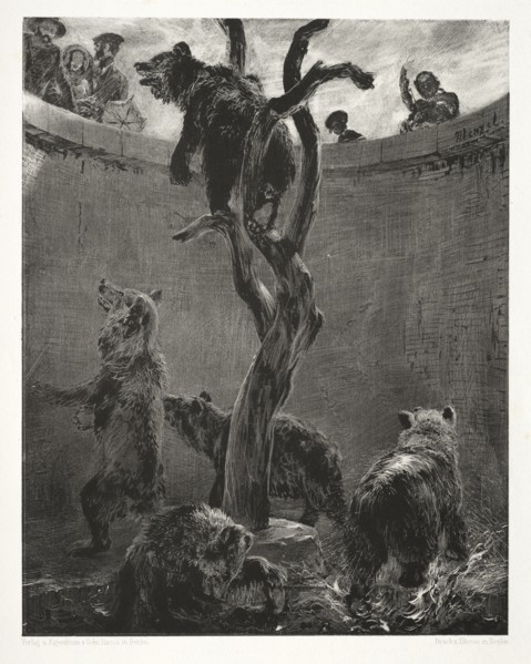 Essay on Stone with Brush and Scraper:  The Bear Pit, 1851. Adolph von Menzel (German, 1815-1905).