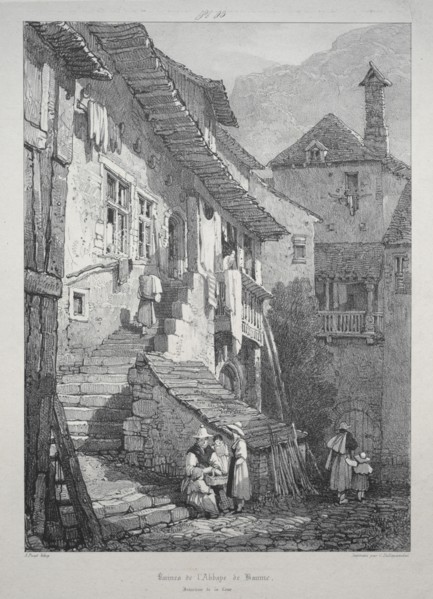 Ruins of the Abbey of Baume.  Interior of the Court. Samuel Prout (British, 1783-1852). Lithograph