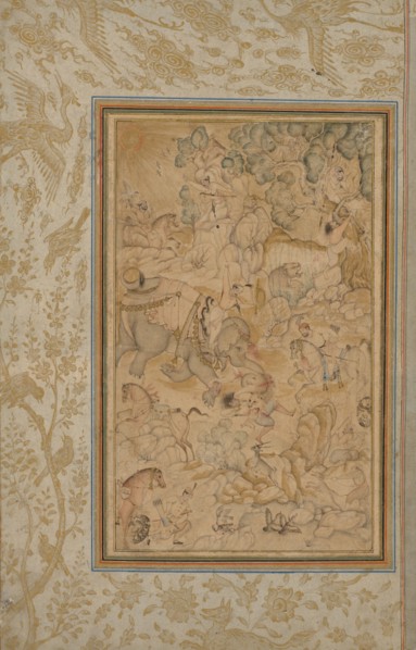 Princes hunting in a rocky landscape, c. 1580–85; borders added c. 1700s. India, Mughal, 16th
