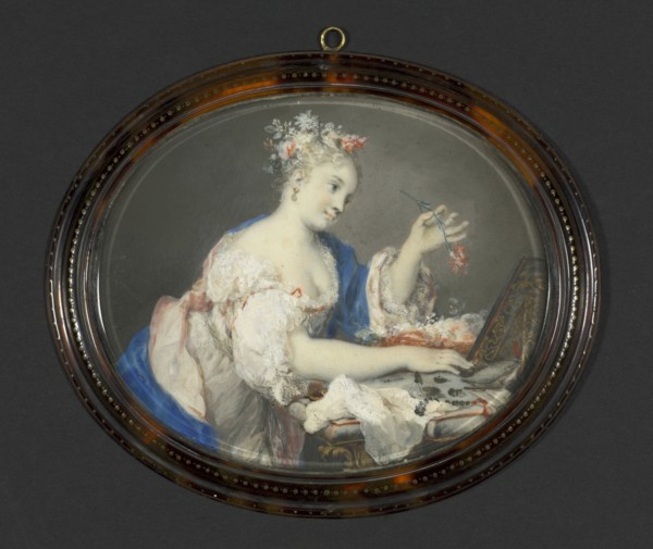 A Woman Putting Flowers in Her Hair, c. 1710. Rosalba Carriera (Italian, 1675-1757). Watercolor on