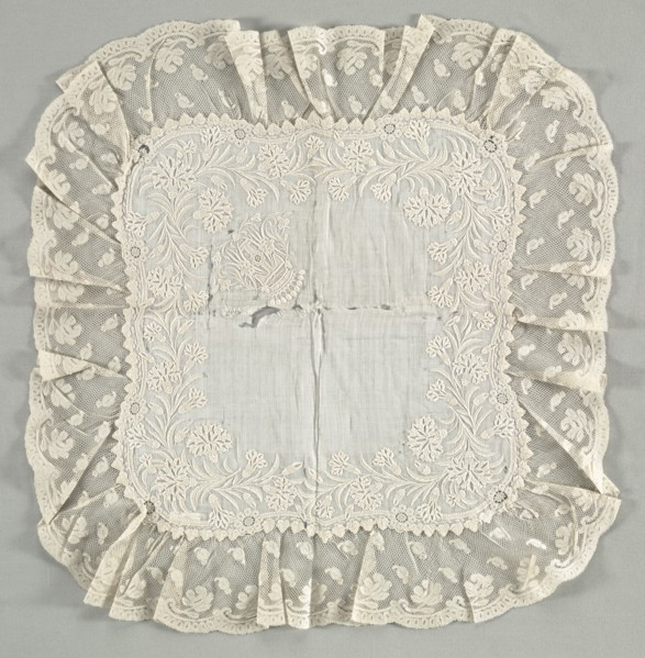 Handkerchief, late 1800s. France, 19th century. Embroidered cotton, bobbin lace; overall: 47 x 48.6
