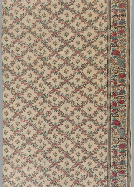 Roller-Printed Glazed Chintz with Flower and Vase Design, 1800s. England, 19th century. Roller