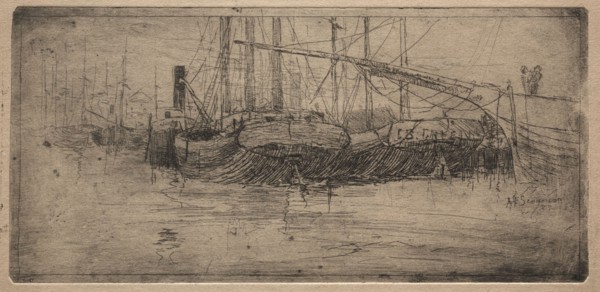 Slip along the Cuyahoga River, 1887. Arthur E. Schneider. Etching