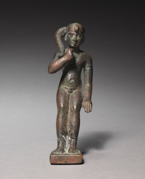 Statuette of Harpocrates, 305-30 BC. Egypt, Greco-Roman Period, probably Ptolemaic Dynasty. Bronze,