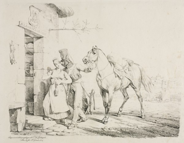 A Hussar Embracing a Servant. Horace Vernet (French, 1789-1863). Lithograph