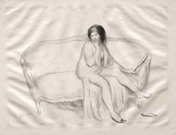 Nude Woman Seated on a Sofa. Jean Veber (French, 1868-aft 1907). Lithograph, hand colored