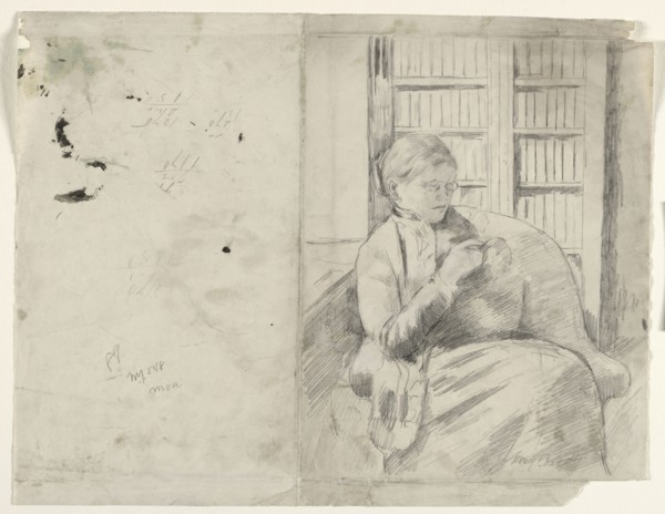 Knitting in the Library (recto), c. 1881. Mary Cassatt (American, 1844-1926). Graphite; sheet: 31.3