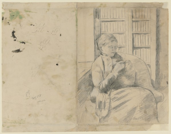 Knitting in the Library (recto); Knitting in the Library (verso), c. 1881. Mary Cassatt (American,