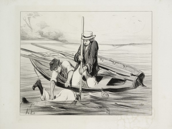 published in Le Charivari (no du 11 juin 1843): Parisian Boatmen, plate 14: Man Overboard, 1843.