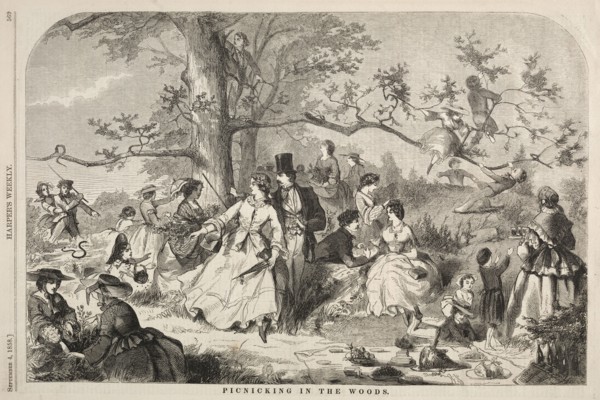 Picknicking in the Woods, 1858. Winslow Homer (American, 1836-1910). Wood engraving